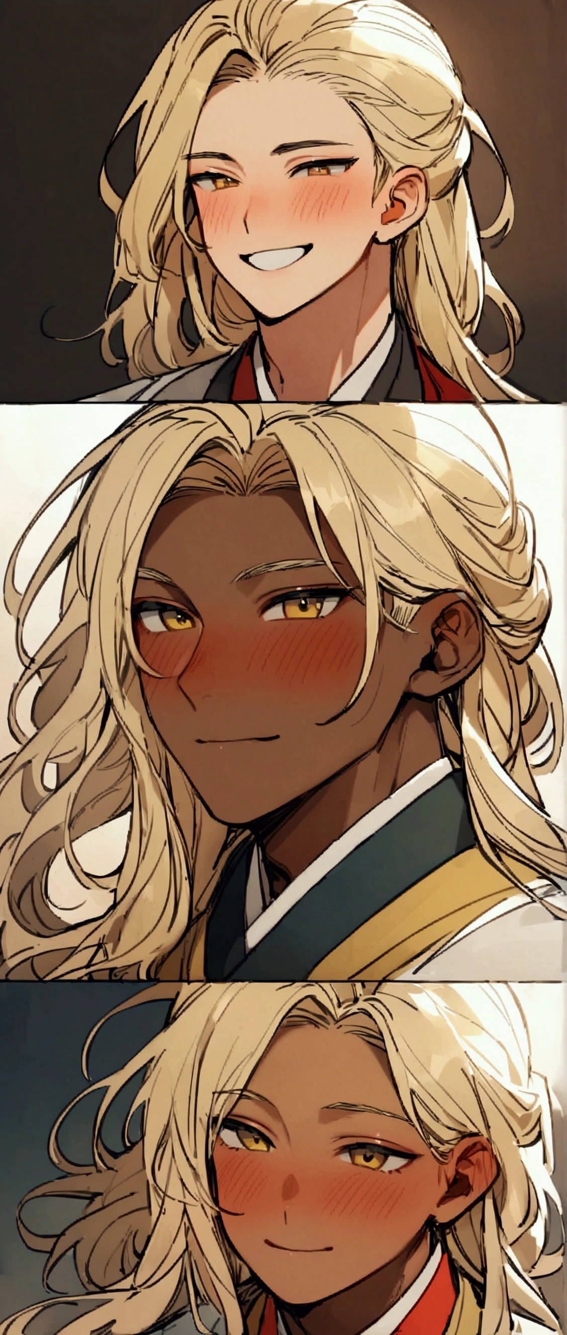 One Man,Beautiful young man with blond hair and dark skin, 20-year-old, Yellow Eyes, length, Silky Hair,A single red horn grows from the right side of its head..., Wearing traditional Korean clothing, Blushing,A carefree smile,She has her bangs down,