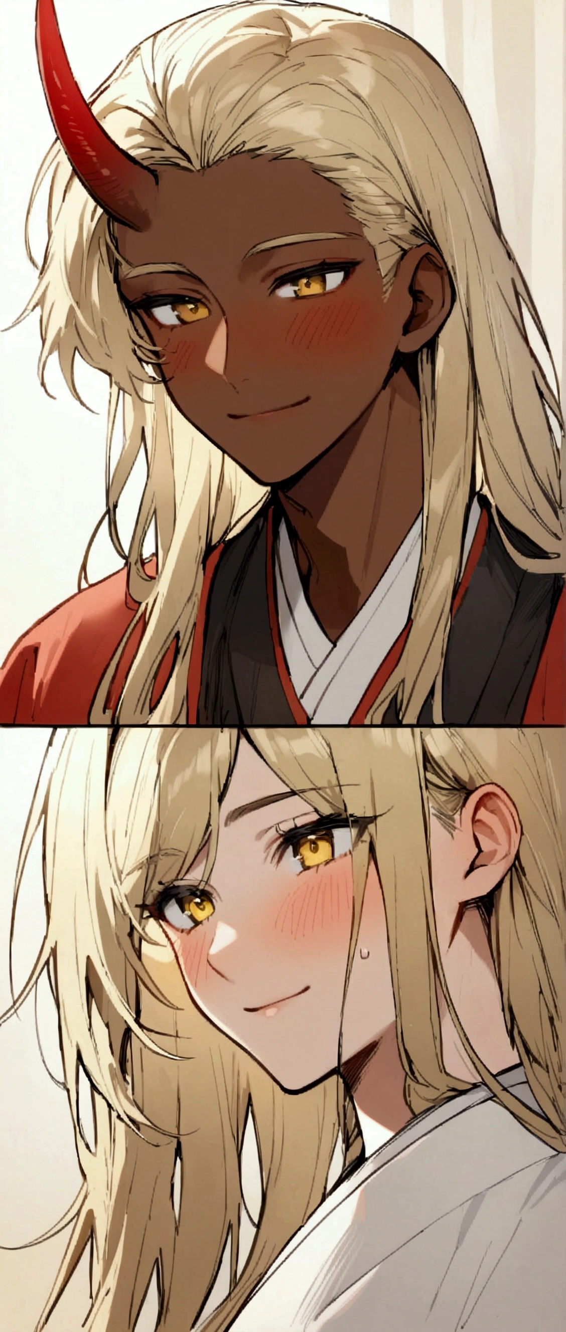 One Man,Beautiful young man with blond hair and dark skin, 20-year-old, Yellow Eyes, length, Silky Hair,A single red horn grows from the right side of its head..., Wearing traditional Korean clothing, Blushing,A carefree smile,She has her bangs down,