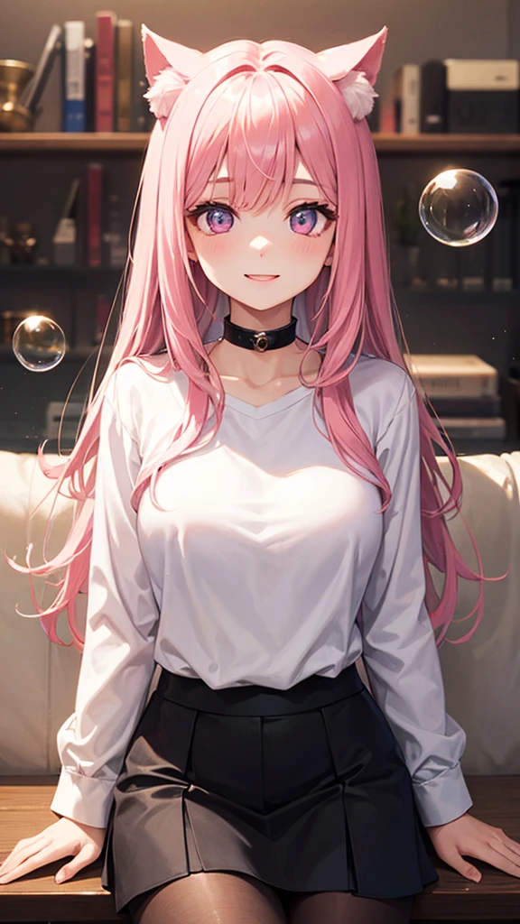 masterpiece,highest quality,Highly detailed face,fine grain,Waterfront,bubble,Sparkling eyes,Highlighted eyes,Center of chest,pretty girl,smile,Cat ear,Beautiful silver hair,Pink inside,Beautiful pink eyes,Oversized shirt、skirt、black tights
