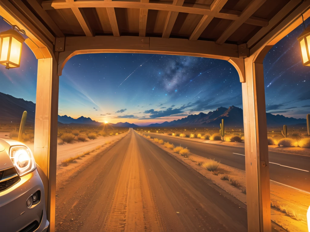 (desert  :1.2),road ,(รถวิ่งบนroad:1.2)  landscape:1.5 ,(Many cars:1.2) ,nighttime 