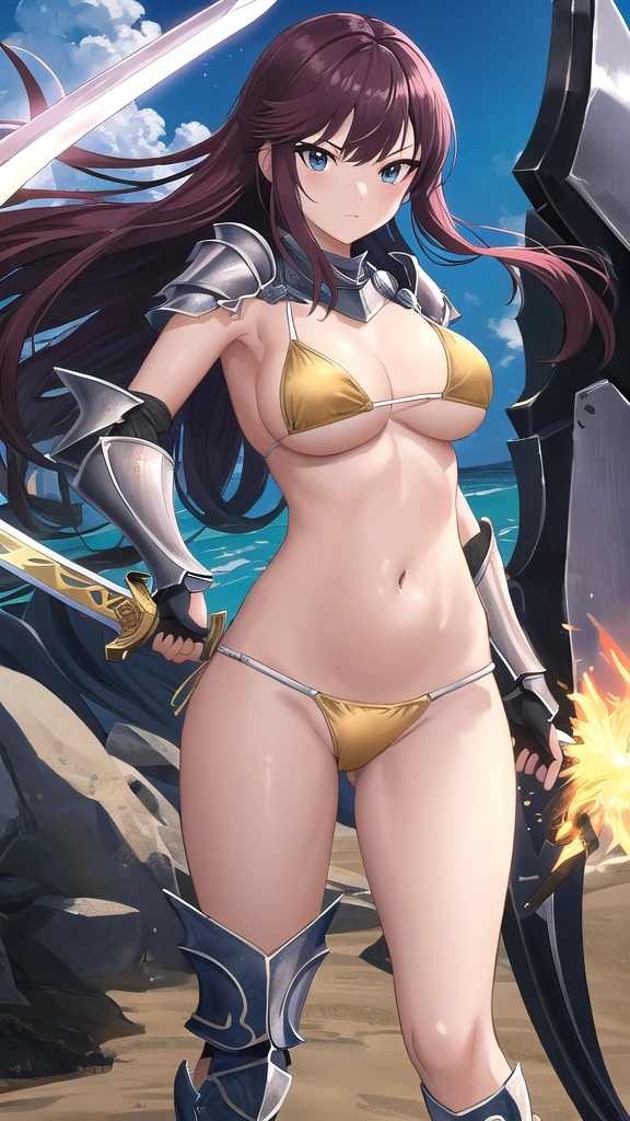 Cartoon character with sword, Art inspired by Masamune Shirow, Armor Girl, Bikini Armor, Bikini Armor, Bikini Armor female knight, Bikini Armor, tits, Knight Girl, tits、Intense battle scenes,topless, White thighs,Vertical belly button、Skin radiance