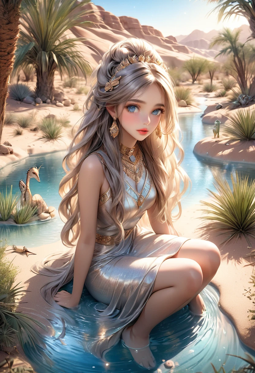 a cute desert princess, sitting down in a small oasis in the desert, washing the hair with both hands, desert creatures watching around her, detailed face, beautiful eyes, long eyelashes, detailed lips, intricate jewelry, flowing hair, shimmering water, lush desert foliage, warm desert lighting, desert and oasis landscape back ground, soft pastel colors, cinematic composition, photorealistic, 8k, high quality, digital art