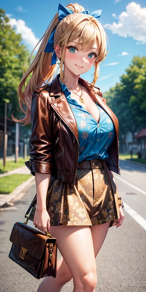 1girl, solo, full body, summer, village, trees, sun, clouds, ((colorful hair)), ponytail, huge breasts, ((brown leather jacket)), brown leather shorts, button down shirt, ((blue floral pattern shirt)), ((short sleeved shirt)), ((unbuttoned shirt)), unbuttoning buttons, cleavage 1:3 green eyes, skirt, smile, looking at the viewer, standing, hair ribbon, golden necklate