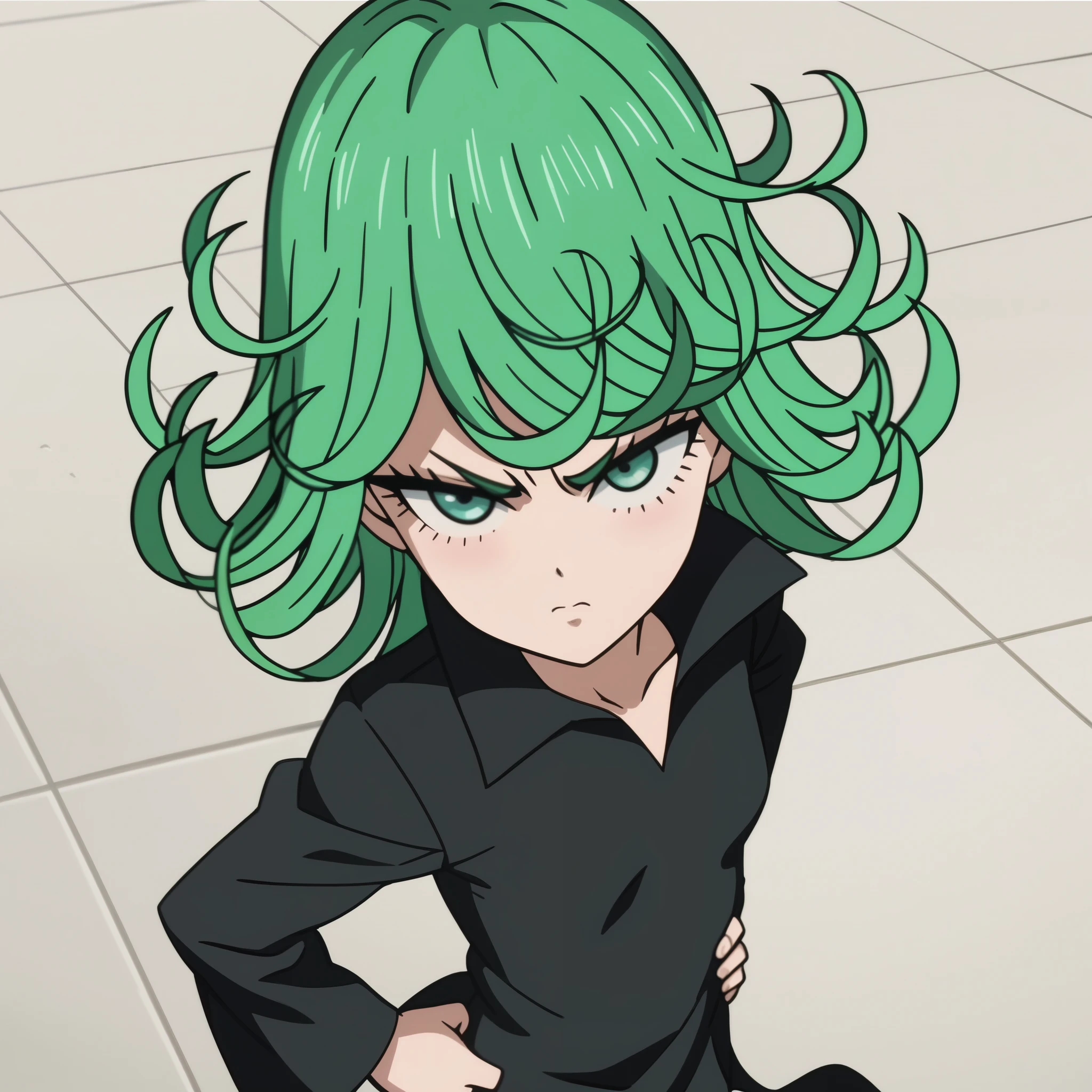 score_9, score_8_up, score_7_up, score_6_up, source_anime, anime screencap, 1girl, lluminartis, tatsumaki, green hair, curly hair, short hair, green eyes, bangs, small breasts, flipped hair,  close-up of face, from above, pouting, blush, standing, hands on hips,