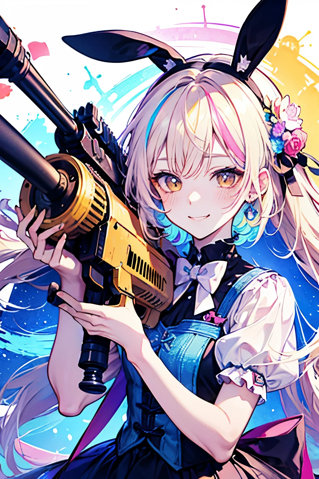 chibi character,Rabbit motif,((cute,kawaii,wonderland)),((pastel color)),((Cute assortment)),(A blushing smile),Shiny yellow hair,(Rainbow),((Angel:1.2)),((Gun2Head Pose:1.25)),((Gatling Gun:1.3)),