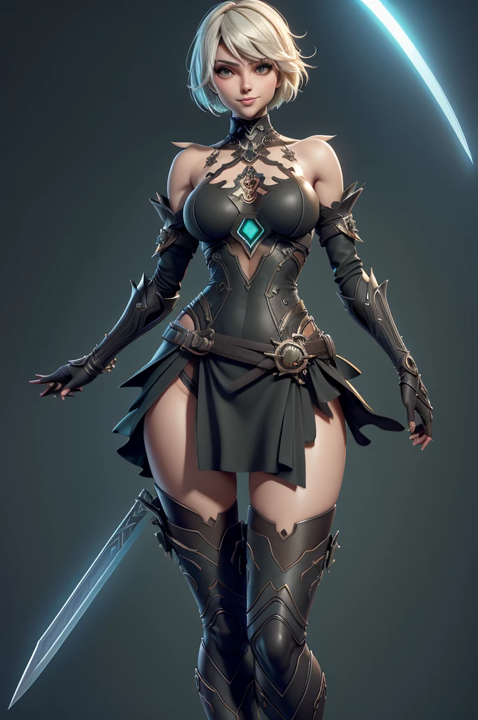 gorgeous woman, warrioress, with futuristic sword wrapped in dark structure, green leds, Beautiful girl, Waist slender, imponent pose, Grinning,sexly, extreme extravagant necklines,huge slits revealing a lot of the body,slim, fitness, full body being displayed,Nier-Automata,hips showing too much and beautiful curves,(showing hips to the top of the waist),((do not cover the hip)),((different poses)),((open waist on the side)),(((sexly demais)))