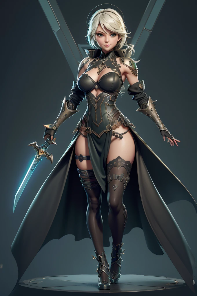 gorgeous  woman, warrioress, with futuristic sword wrapped in dark structure, green leds, Beautiful girl, Waist slender, imponent pose, Grinning,sexly, extreme extravagant necklines,huge slits revealing a lot of the body,slim, fitness, full body being displayed,Nier-Automata,hips showing too much and beautiful curves,(showing hips to the top of the waist),((do not cover the hip)),((different poses)),((open waist on the side)),(((sexly demais)))
