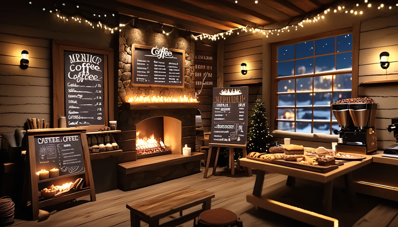 Create an image of a cozy coffee shoop with rustic interior with a roaring fireplace,one chalk board coffee menu,one barista table with barista tool on the barista table,food and coffe cup on the guest table,with and large windows offering a stunning view of a village at night. and be filled with warm lighting to contrast the cold, twinkling lights outside.And detailed such as coffee shop