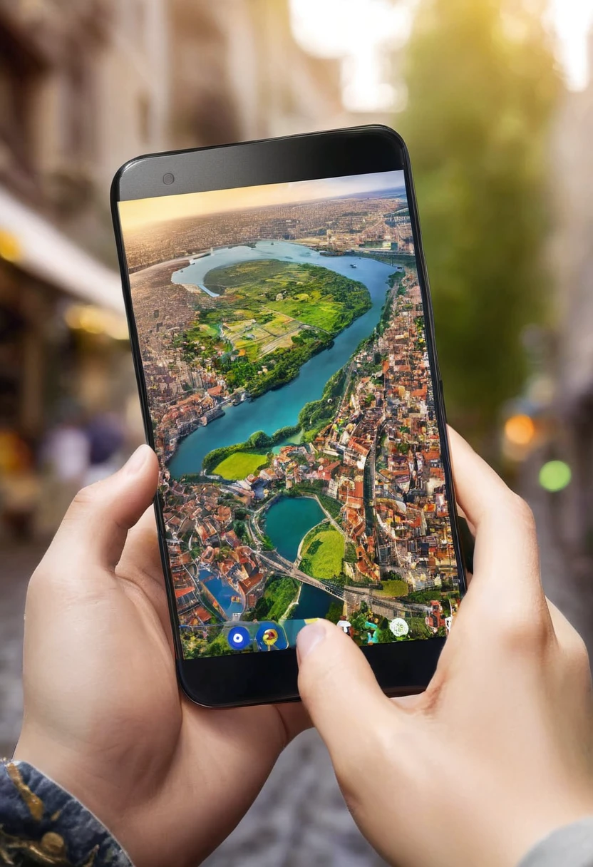 It's very realistic, with a smartphone in your hand and a google map displayed on the smartphone screen, There is a part of a magical city that looks like a fairy tale in the depths of the image, outdoor