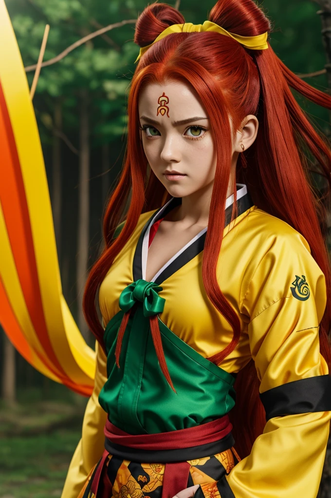 Captura de pantalla de Kimetsu No Yaiba, long red hair girl, yellow and orange, yellow eyes, clothes the same as that of the animated character rengoku, green bow in her hair, and a green haori
