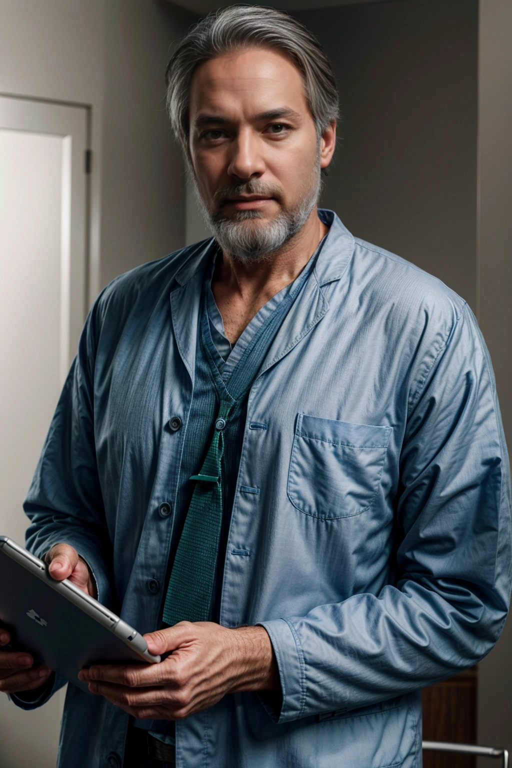 American caucasian 50 yr old Male doctor with beard, wrinkles on face, he is holding a tablet looking at the camera, gray hair and beard, white lab coat with blue button down shirt underneath, green and blue tie, ultra high res.photorealistic:1.4, UHD