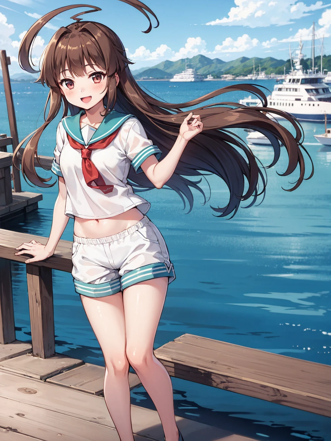 ung_teeirl, brown_hair, long_hair, sailor_uniform,white_ baggy_shorts, short_sleeve, thighs, small_breasts, big_smile, open_mouth, standing, harbor_background, slightly_spread_legs, happiness, covered_crotch,ahoge,XD,exciting,