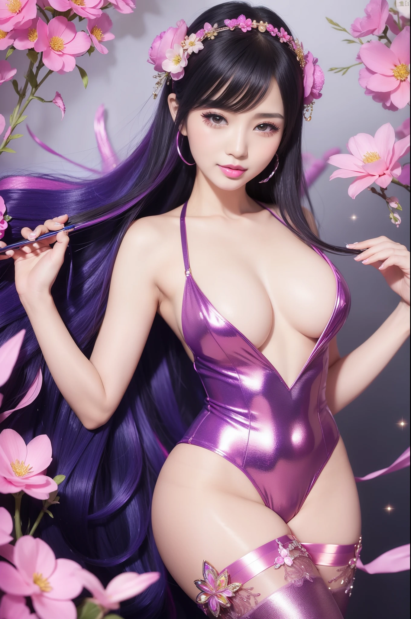 sexy Japanese model who controls poison、beautiful smile、lip-gloss、long lashes、bold lipstick、colorful metallic makeup、look at the camera、full body Esbian、、sparkling poisoned flower costume、、、、sparkling Colorful hair、secrete poison、skull hair accessories、sexy tights、shiny sparkling flowers background