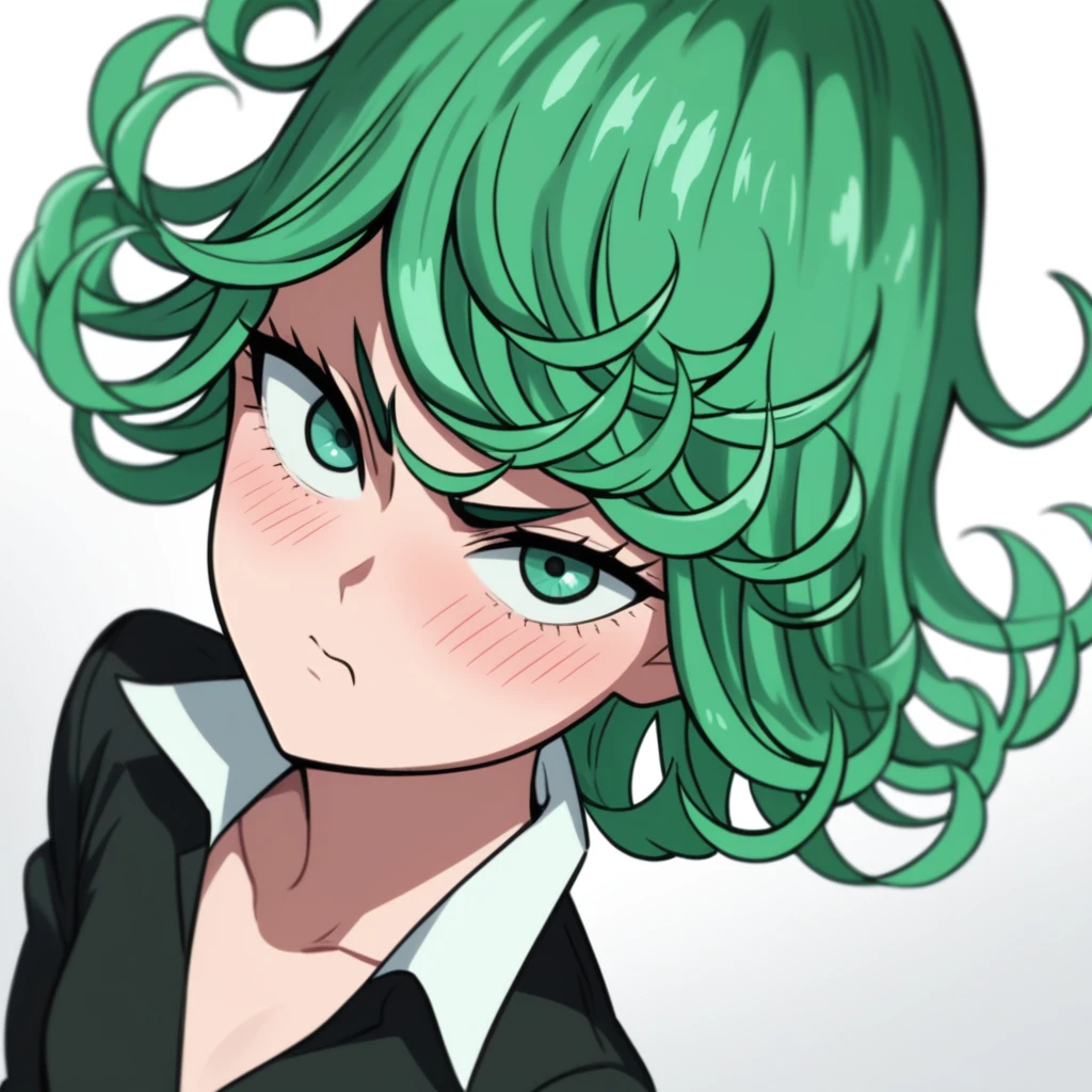 score_9, score_8_up, score_7_up, score_6_up,1girl, lluminartis, tatsumaki, green hair, curly hair, short hair, green eyes, bangs, small breasts, flipped hair,  close-up of face, from above, pouting, blush, standing, hands on hips,