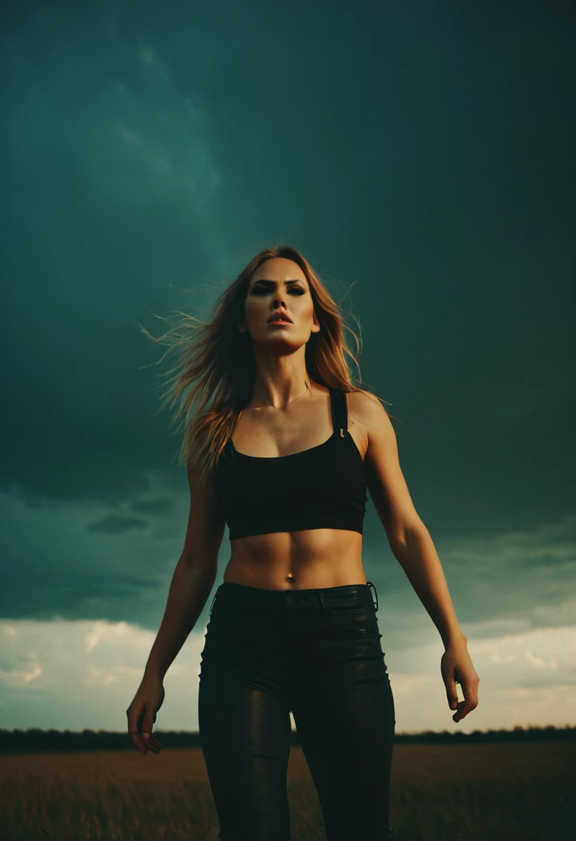 (michale kors analog photo by Guy Aroch:1.2), beautiful evil slavic muscular woman, pale skin, long hair, An evocative and moody depiction of full length view of wide angle shot at 25 years old [Into The Storm]. professional photograph the photo was shot on a Sony Alpha a7R IV camera and a Sony FE 85mm f/1.8 lens, aperture f/1.8, shutter speed 1/125s, ISO 800.