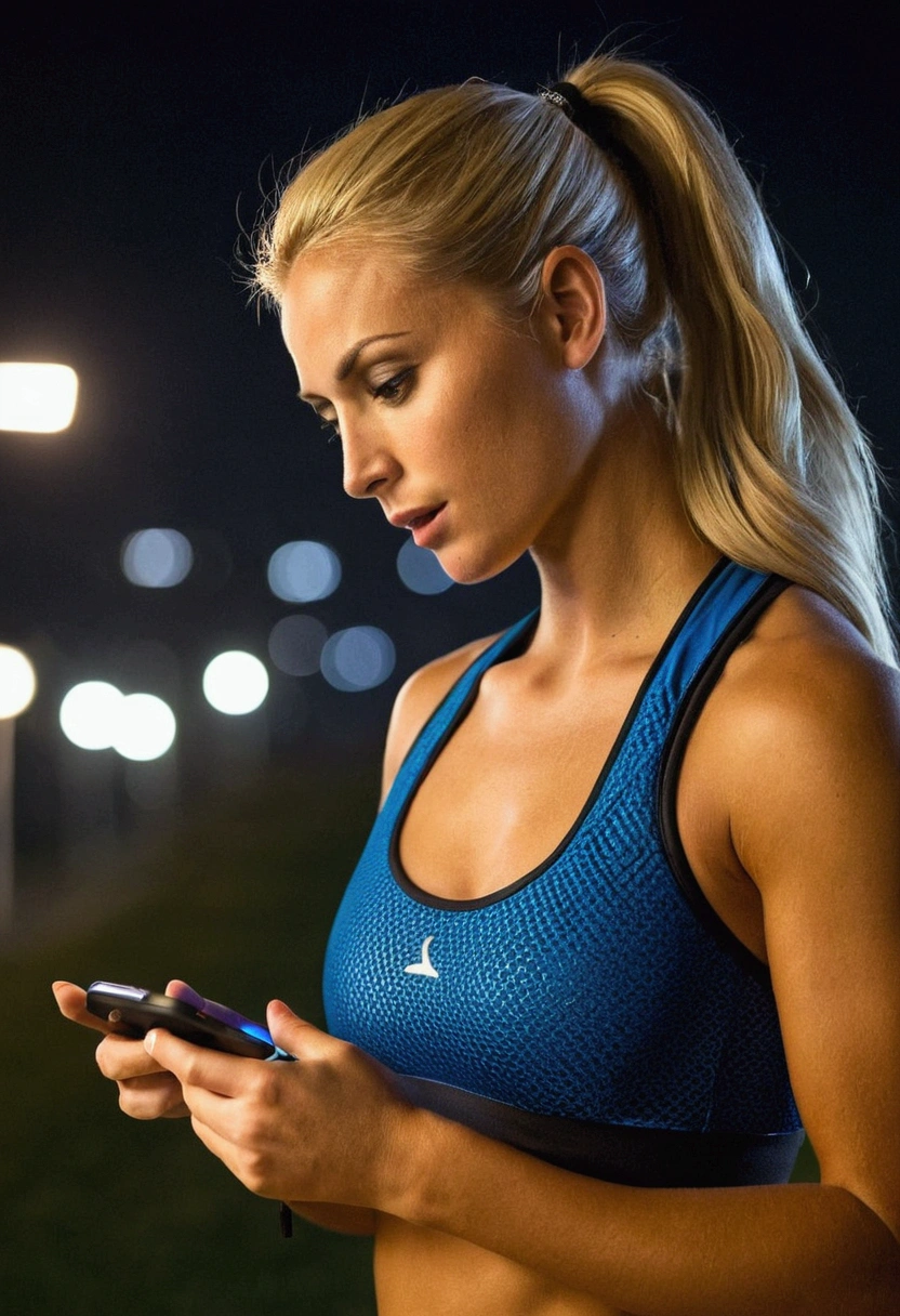a hot blonde athlete at night receiving a message on her cell phone