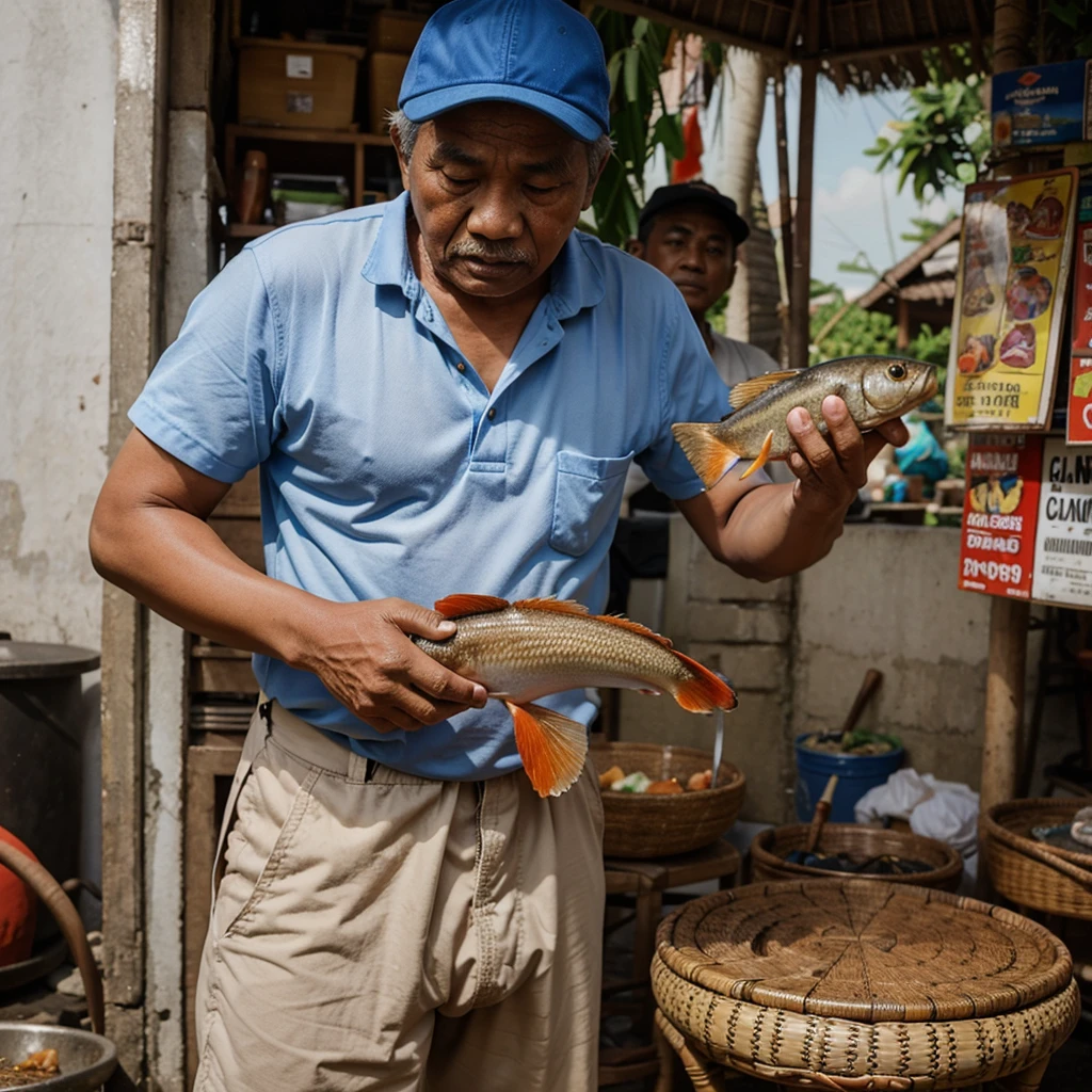 An Indonesian grandfather is seen holding a fish in the shape of a penis
