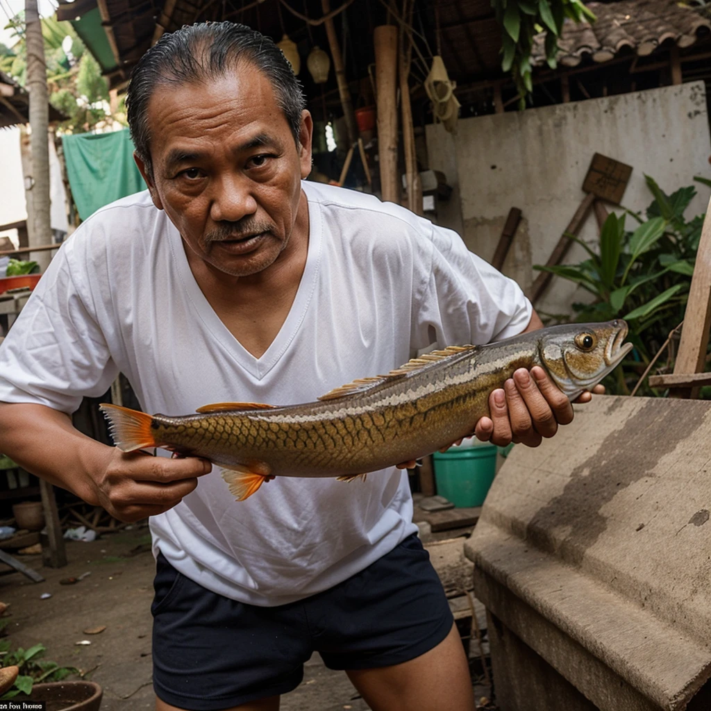 An Indonesian grandfather is seen holding a fish in the shape of a penis
