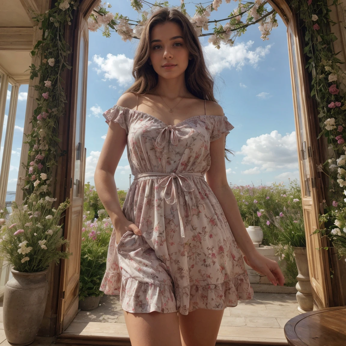 a pixar woman, captivating eyes, light brown hair, floral spaghetti strap dress, pink full mouth, best quality, njj5, (best quality:1.1), (masterpiece:1.4), (nonsense:1), ultra detailed, official art, masterpiece, (best quality:1.3), reflections, extremely detailed cg unity 8k wallpaper, detailed background