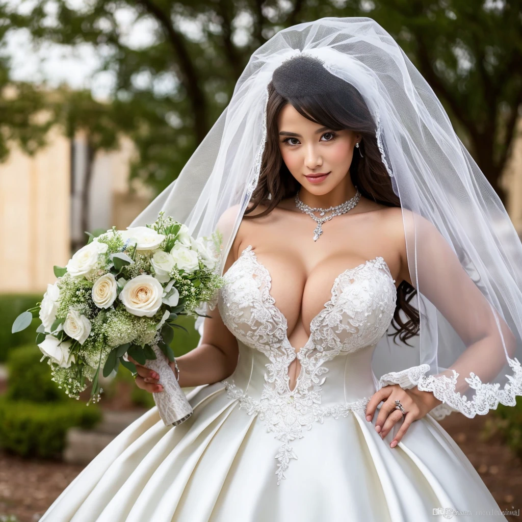 LUCY PINDER, ((very intense makeup)), smiling, bride, gold lipstick, white dress