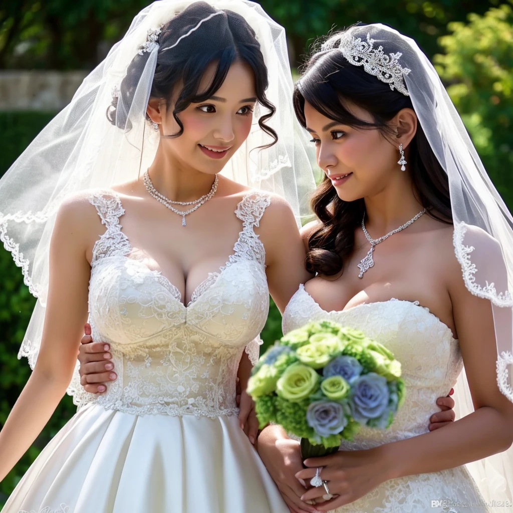 Girl with very large breasts wearing a wedding dress with a huge lace neckline and a wedding veil with a bouquet