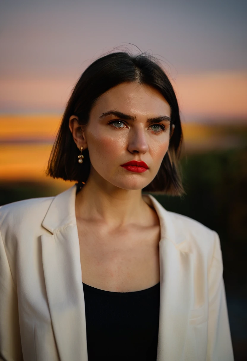 color digital photograph of Lucie Prochazka a woman from czech republic wearing (a black blazer), (a white t-shirt), (black skinny jeans), (black ankle boots), (pearl earrings), (red lipstick), and Slingbacks shoes shot on Nikon Z9 by Denis Karasev, 26 years old, pale skin, (long hair), tiny figure, small breasts, feeling (feeling Hate, Intense, Hostile, Aversion, Anger, Resentment, Disgust, Animosity, Hostility, Loathing, Malice, face: Scowl, Frown, Glare, Narrowed Eyes, Sneer, Lip Curl, Tense Jaw, Raised Eyebrows, Cold Stare, Contempt), at golden hour,full body, masterpiece, natural lighting, (outdoor setting:1.2), warm tones, side lighting, natural skin details, 4k, UHD, masterpiece, detailed eyes, detailed face, detailed skin, perfect hands, perfect feets, photo, high skin detail, moles, imperfect skin, ultra realism, RAW photo, subsurface scattering