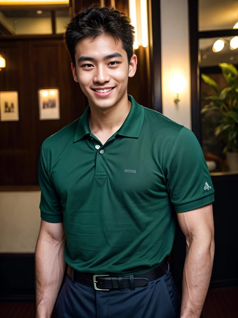 (best quality, 4K, 8K, high resolution, Masterpiece: 1.2), Special details, (realistically, As realistic as a photo, photo realistic: 1.37), Edge lighting, Extra detailed coloring, sharp focus, Physical rendering ,Extremely detailed description,professional,light color,Bokeh,Portrait,look at the viewer,
Young Asian man, 20 years old ,(Wear a dark green polo shirt.), smile
