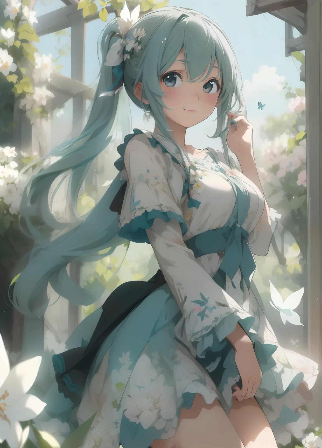 (masterpiece、Highest quality、Highest quality、Official Art、Beautiful and beautiful:1.2)、(One girl:1.3)Hatsune Miku、Twin tails,Beautiful breasts,(masterpiece、Highest quality、Highest quality、Beautiful and beautiful:1.2)、Excellent anatomy、（Watercolor 1.5）、Composition looking up from a low position、Long Shot、Drawing of a girl with straight short hair、Beautiful smile、Butterfly fairy costume、Pure white、Pure、charm、Looking into the camera、Flowers and leaves green wind、Botanical Art