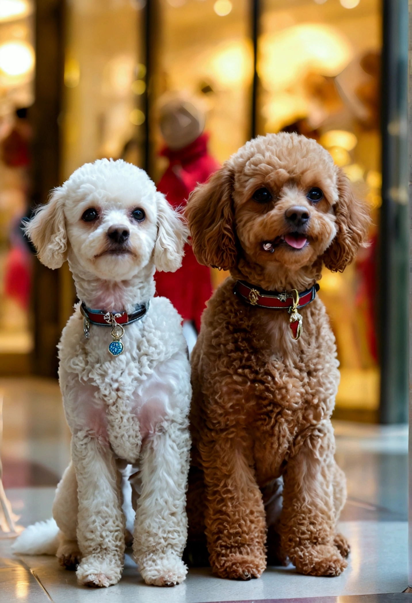 shopping mall,White toy poodle,Brown Toy Poodle,Apricot Toy Poodle,Black Shepherd,tricolor knight,Blenheim Knights,Dogs in line,