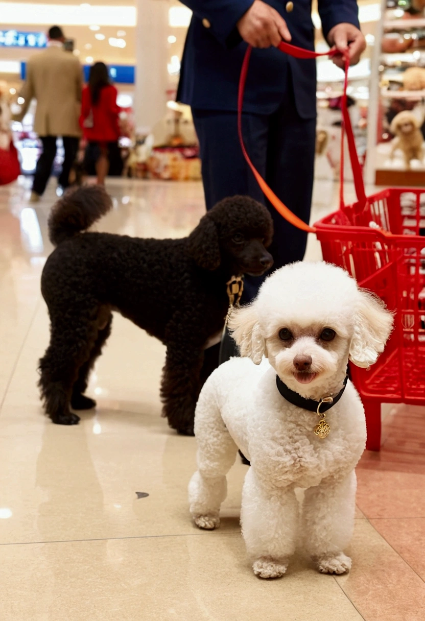 shopping mall,White toy poodle,Brown Toy Poodle,Apricot Toy Poodle,Black Shepherd,tricolor knight,Blenheim Knights,Dogs in line,