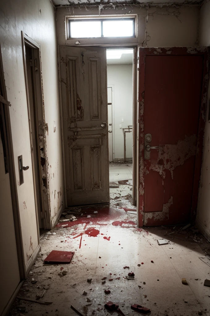 Hospital corridor、Signs of vandalism、The dying light、Very detailed、Props such as a fallen bed、Blood everywhere After being dragged A slightly wider hallway dim