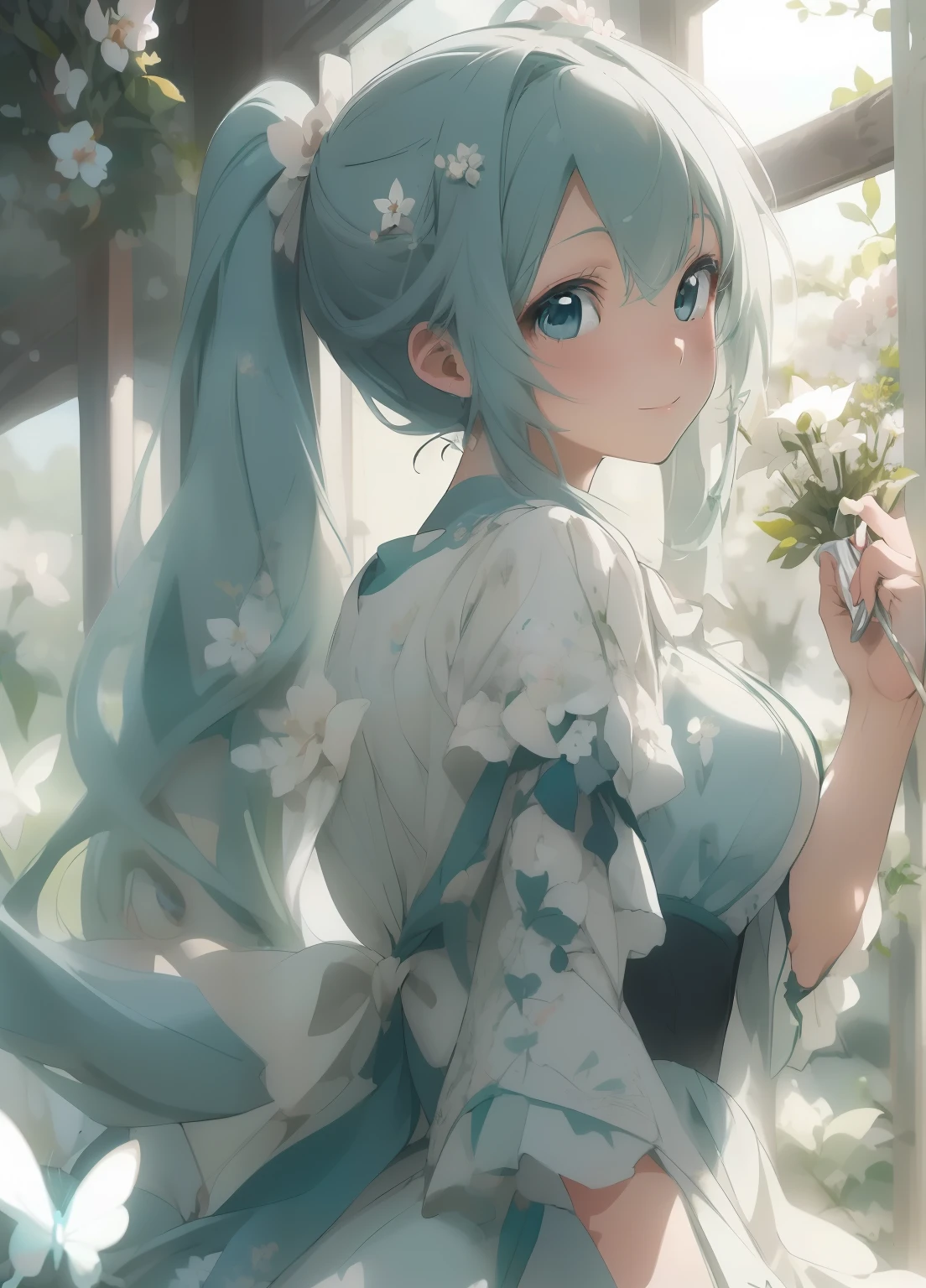 (masterpiece、Highest quality、Highest quality、Official Art、Beautiful and beautiful:1.2)、(One girl:1.3)Hatsune Miku、Twin tails,Beautiful breasts,(masterpiece、Highest quality、Highest quality、Beautiful and beautiful:1.2)、Excellent anatomy、(Watercolor 1.5)、Composition looking up from a low position、Long Shot、Drawing of a girl with straight short hair、Beautiful smile、Butterfly fairy costume、Pure white、Pure、charm、Looking into the camera、Flowers and leaves green wind、Botanical Art