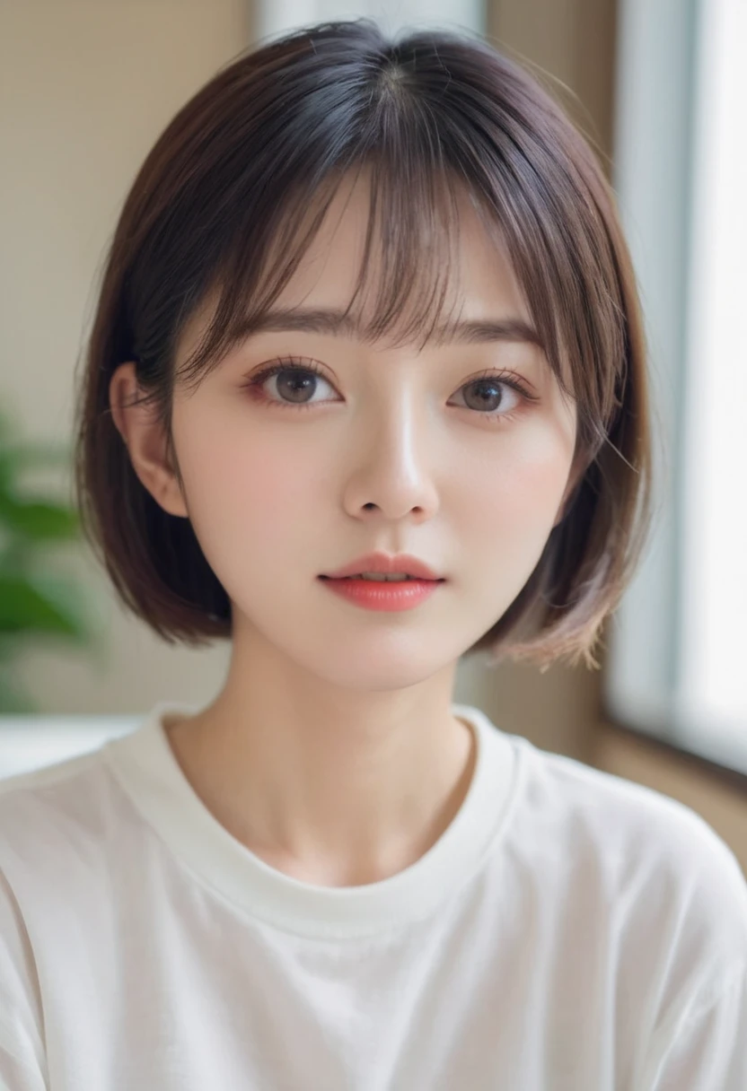 Close-up shot of short-haired woman in white shirt, 8k selfie photo, Young cute pale Asian face, Young and cute Korean face, Girl cute - delicate face, , Shot with Sony Alpha 9, clear cute face, Chiho, Cute and delicate face, Young cute face
