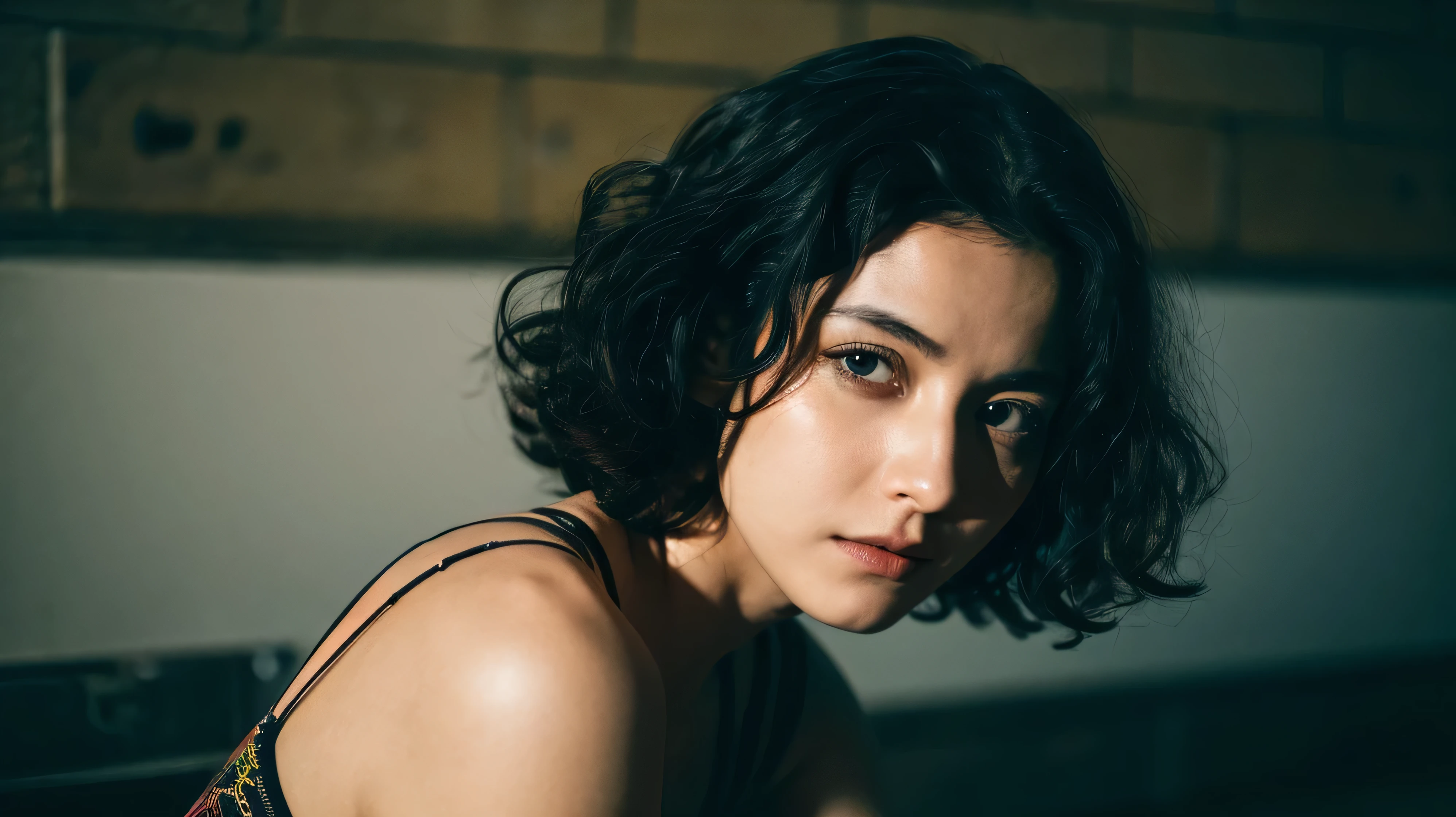 a woman in the front position with curly black hair with an expression of terror, stained with black oil, in a dark basement, with black shadow, and an aurora light illuminating the woman's face, with 3D, cinematic, midjorney style, photographic, sony A7rlll, detailed, 8k.