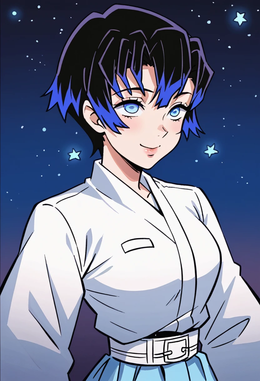Draw a character in animated art style, with a vibrant and expressive appearance. The character must have exaggerated characteristics, like big, expressive eyes, a subtle and fun smile, and a straight posture. do not distract from the main figure. The character must be from the Kimetsu no Yaiba universe/Demon Slayer, frontal angle, animated cartoon, beautiful drawing. A female character, light blue gradient black hair, blue colored eyes, wearing a pretty dark colored skirt, haori azul, pose more at the waist, short layered hair, dark night background, stars and moonlight, night image, night filter.
