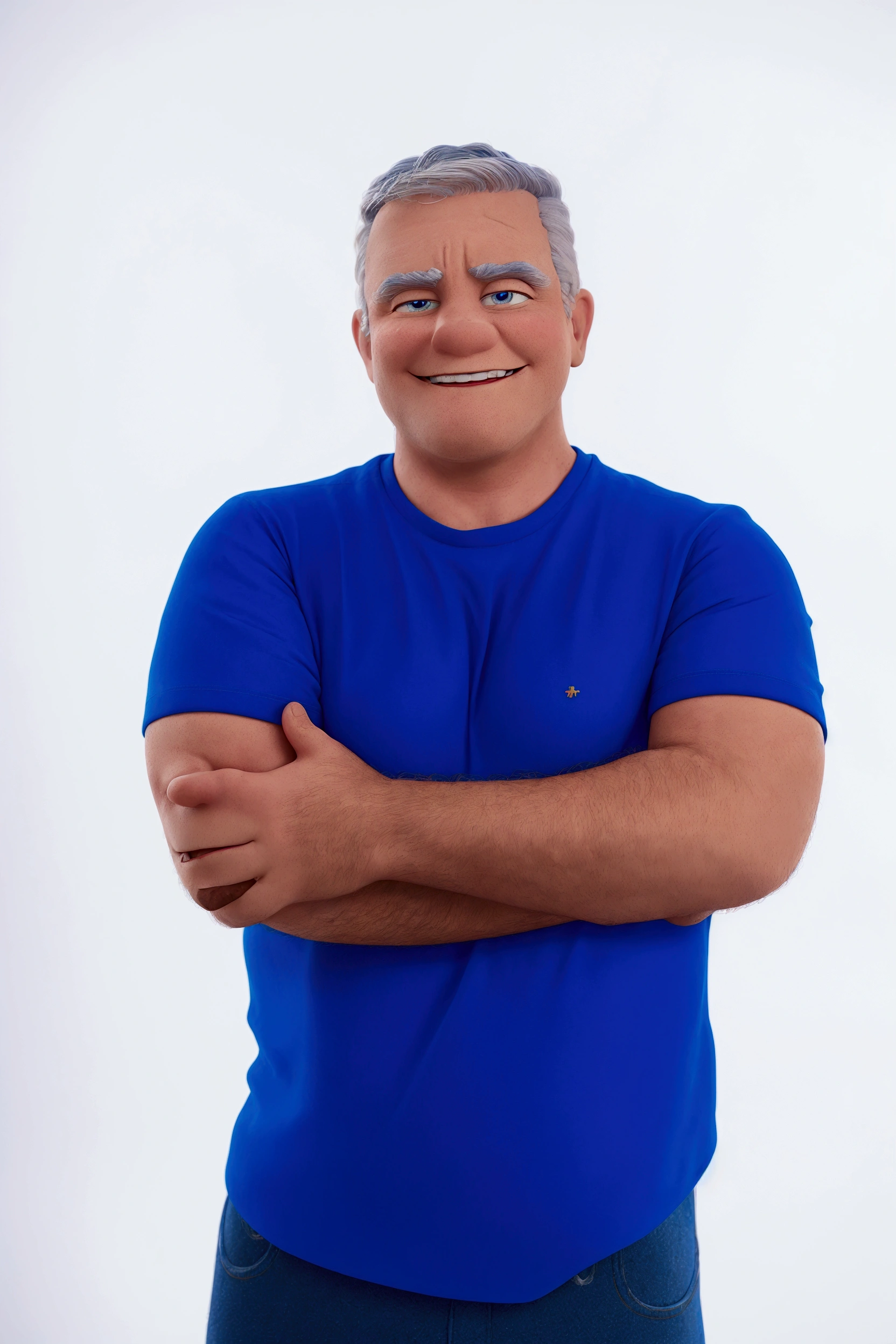 cartoon character, disney, pixar, cross arm, shirt blue. Grinning, White hair, high qualiy