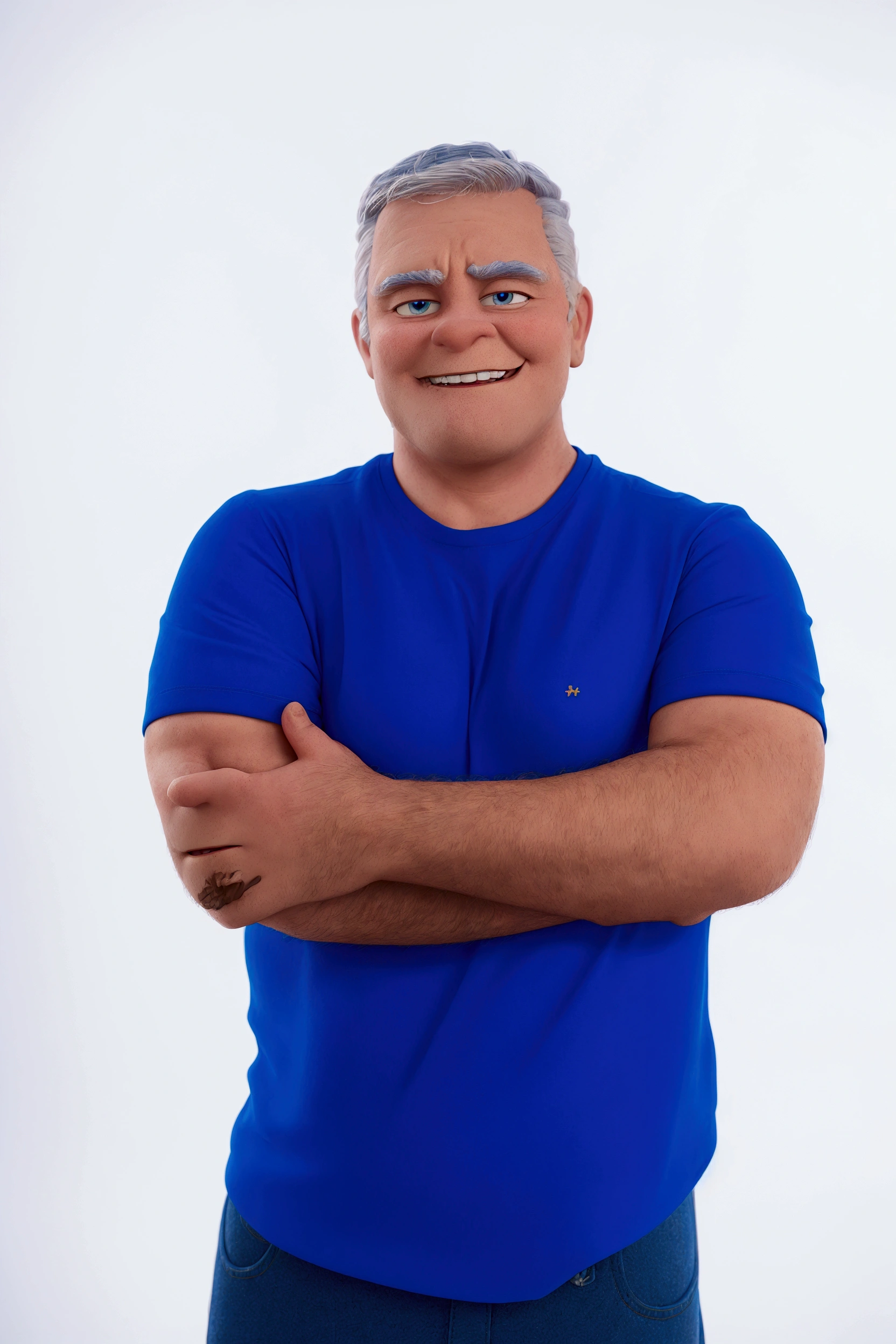 cartoon character, disney, pixar, cross arm, shirt blue. Grinning, White hair, high qualiy