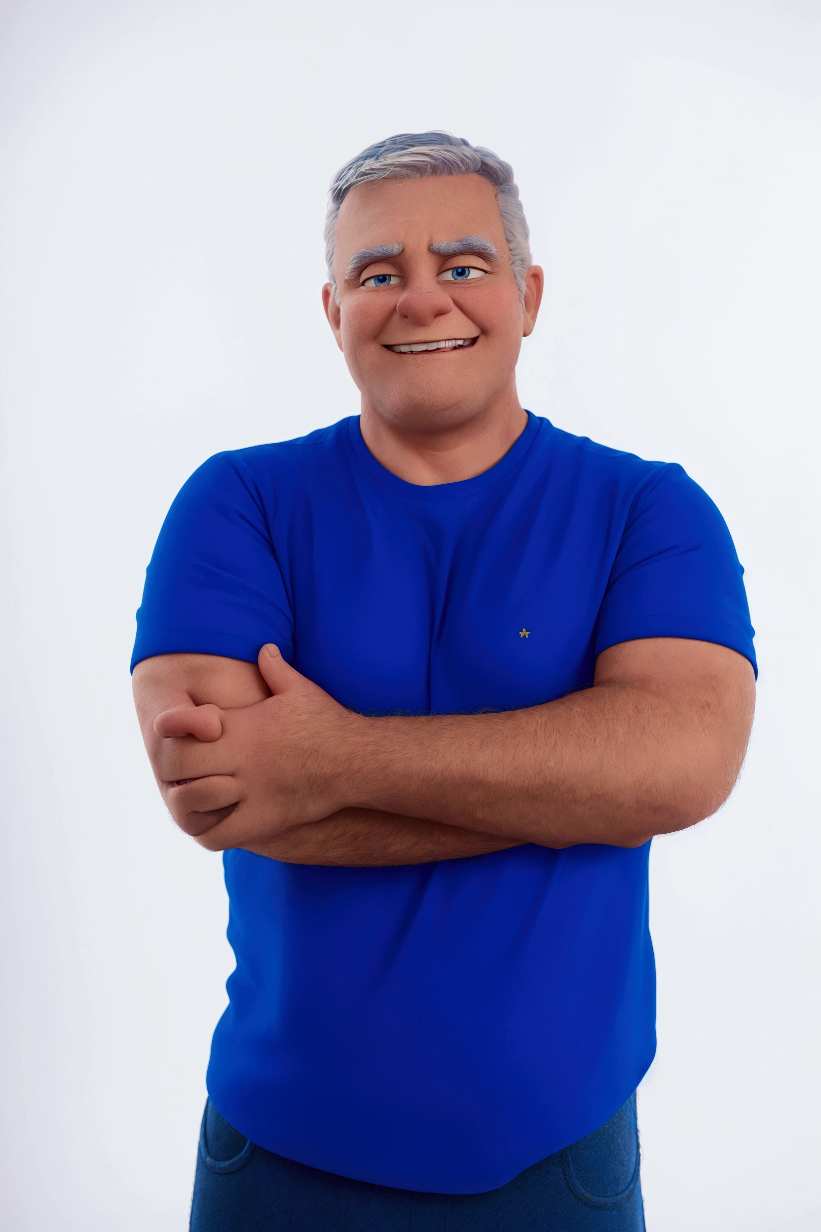 cartoon character, disney, pixar, cross arm, shirt blue. Grinning, White hair, high qualiy