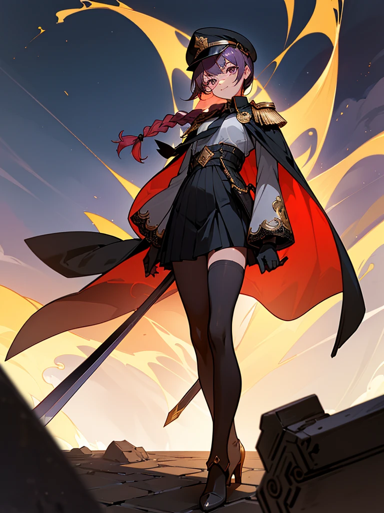 realisitic, City Deserted, Pile of rubble, Brick building, a one woman (18 years old, far away blackw hair, far away slits, Eyes red, glare eyes, 精致的面容, standing (In floor, feet shoulder-width apart), Lolita style military uniform (blackw base, Red Insert, golden decoration, volantes, wide sleeves, dainty and delicate detailing armors), blackw far away gloves (blackw, Red Insert, golden decoration, small hands, armors), blackw far away gloves, knee high boots (blackw, high-heels, red soles), ha (blackw, aba dourada, shield emblem, delicate details), arms in front, Front of belly, Holding military swords with both hands (blackw, golden decoration, delicate detail, Handle at the top, Ground-facing blade, in front of the body, far away), night sky (blackw, stele, Increased flames and smoke), Pale painting style, One Girl, super high quality, Super Detail, Super Detailed image, long hair, looking at viewer, skirt, shirt, hair ornament, violet eyes, gloves, round glasses, long sleeves, hat, closed mouth, jacket, violet hair, braid, open clothes, necktie, black gloves, black skirt, uniform, single braid, open jacket, black jacket, black headwear, 手链, peaked cap, black necktie, cropped jacket, military hat, pantyhose, Flat Chest, smile, Black Cape