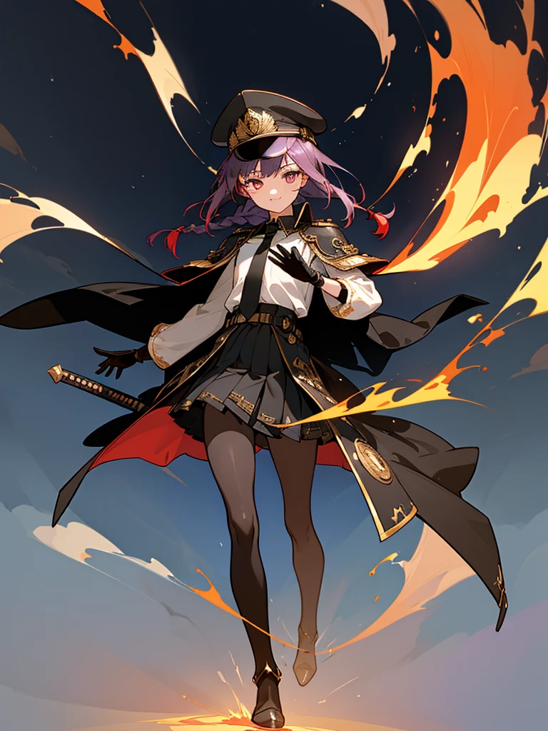 realisitic, City Deserted, Pile of rubble, Brick building, a one woman (18 years old, far away blackw hair, far away slits, Eyes red, glare eyes, 精致的面容, standing (In floor, feet shoulder-width apart), ta style military uniform (blackw base, Red Insert, golden decoration, volantes, wide sleeves, dainty and delicate detailing armors), blackw far away gloves (blackw, Red Insert, golden decoration, small hands, armors), blackw far away gloves, knee high boots (blackw, high-heels, red soles), ha (blackw, aba dourada, shield emblem, delicate details), arms in front, Front of belly, Holding military swords with both hands (blackw, golden decoration, delicate detail, Handle at the top, Ground-facing blade, in front of the body, far away), night sky (blackw, stele, Increased flames and smoke), Pale painting style, One Girl, super high quality, Super Detail, Super Detailed image, long hair, looking at viewer, skirt, shirt, hair ornament, violet eyes, gloves, round glasses, long sleeves, hat, closed mouth, jacket, violet hair, braid, open clothes, necktie, black gloves, black skirt, uniform, single braid, open jacket, black jacket, black headwear, 手链, peaked cap, black necktie, cropped jacket, military hat, pantyhose, Flat Chest, smile, Black Cape