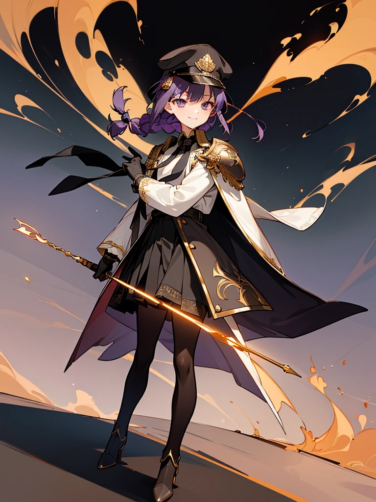 realisitic, City Deserted, Pile of rubble, Brick building, a one woman (18 years old, far away blackw hair, far away slits, Eyes red, glare eyes, 精致的面容, standing (In floor, feet shoulder-width apart), Lolita style military uniform (blackw base, Red Insert, golden decoration, volantes, wide sleeves, dainty and delicate detailing armors), blackw far away gloves (blackw, Red Insert, golden decoration, small hands, armors), blackw far away gloves, knee high boots (blackw, high-heels, red soles), ha (blackw, aba dourada, shield emblem, delicate details), arms in front, Front of belly, Holding military swords with both hands (blackw, golden decoration, delicate detail, Handle at the top, Ground-facing blade, in front of the body, far away), night sky (blackw, stele, Increased flames and smoke), Pale painting style, One Girl, super high quality, Super Detail, Super Detailed image, long hair, looking at viewer, skirt, shirt, hair ornament, violet eyes, gloves, round glasses, long sleeves, hat, closed mouth, jacket, violet hair, braid, open clothes, necktie, black gloves, black skirt, uniform, single braid, open jacket, black jacket, black headwear, 手链, peaked cap, black necktie, cropped jacket, military hat, pantyhose, Flat Chest, smile, Black Cape