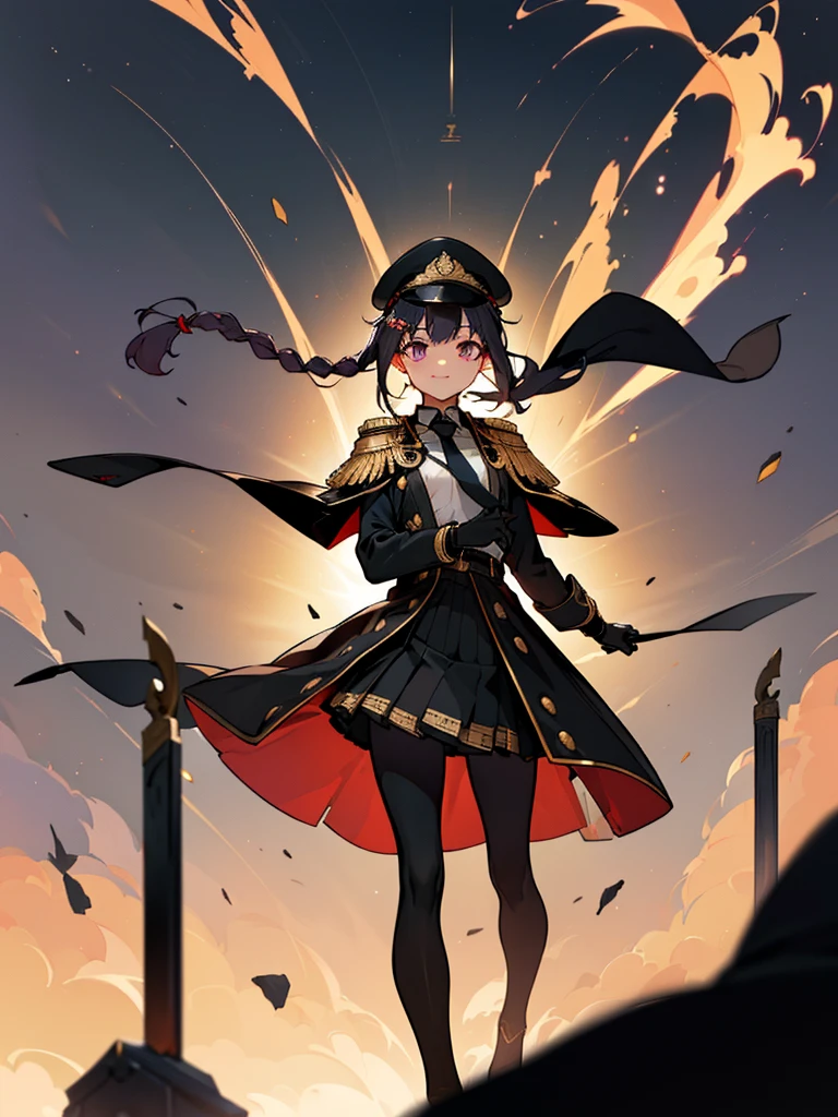 realisitic, City Deserted, Pile of rubble, Brick building, a one woman (18 years old, far away blackw hair, far away slits, Eyes red, glare eyes, 精致的面容, standing (In floor, feet shoulder-width apart), Lolita style military uniform (blackw base, Red Insert, golden decoration, volantes, wide sleeves, dainty and delicate detailing armors), blackw far away gloves (blackw, Red Insert, golden decoration, small hands, armors), blackw far away gloves, knee high boots (blackw, high-heels, red soles), ha (blackw, aba dourada, shield emblem, delicate details), arms in front, Front of belly, Holding military swords with both hands (blackw, golden decoration, delicate detail, Handle at the top, Ground-facing blade, in front of the body, far away), night sky (blackw, stele, Increased flames and smoke), Pale painting style, One Girl, super high quality, Super Detail, Super Detailed image, long hair, looking at viewer, skirt, shirt, hair ornament, violet eyes, gloves, round glasses, long sleeves, hat, closed mouth, jacket, violet hair, braid, open clothes, necktie, black gloves, black skirt, uniform, single braid, open jacket, black jacket, black headwear, 手链, peaked cap, black necktie, cropped jacket, military hat, pantyhose, Flat Chest, smile, Black Cape