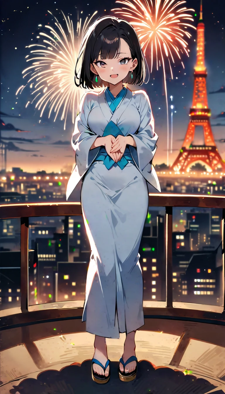 (masterpiece, best quality:1.2),1girl, (solo), Android 18 from Dragon Ball, ((white kimono)), medium breasts, blunt bangs, black short hair, (black eyes), earrings on earlobes, slim, slender feminine figure, skinny body, blush, magnificent view, blur background, 4K, open mouth, smile, full body, Japanese sandals, Tokyo Tower, firework, (own hands together),