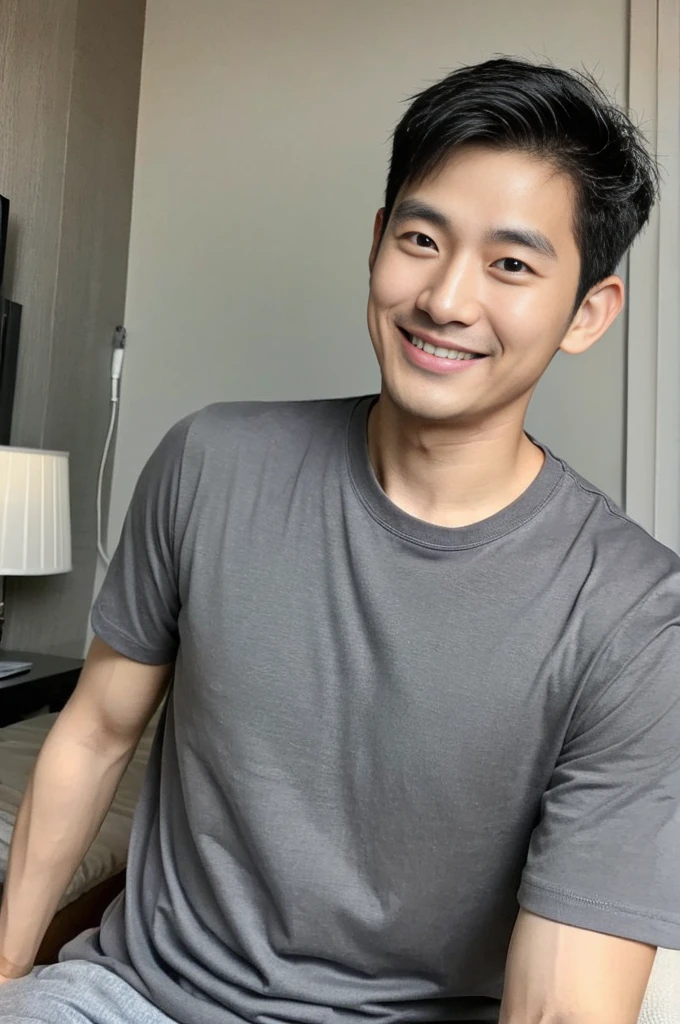 Korean man, Inspiration from Peng Yuyan, 30 years old, 236 years old, Cute Korean Face, 35 yo, 33 year old Korean muscular man，The bedroom is in the back. gray t-shirt, open mouth smile