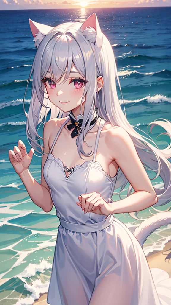 Medium chest,pretty girl,smile,Cat ear, Beautiful silver hair,Pink inside,Beautiful pink eyes,White dress,sea,sunrise,ice