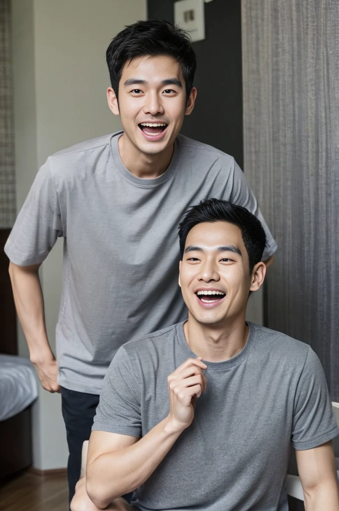 Korean man, Inspiration from Peng Yuyan, 30 years old, 236 years old, Cute Korean Face, 35 yo, 33 year old Korean muscular man,The bedroom is in the back. gray t-shirt, open mouth smile