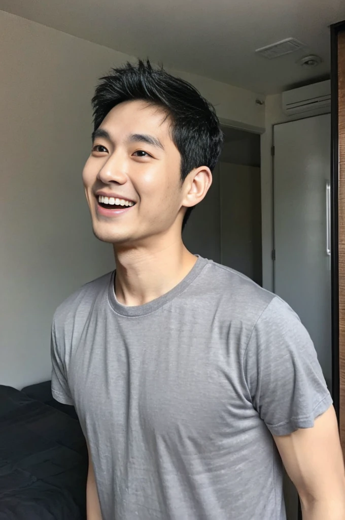 Korean man, Inspiration from Peng Yuyan, 30 years old, 236 years old, Cute Korean Face, 35 yo, 33 year old Korean muscular man,The bedroom is in the back. gray t-shirt, open mouth smile