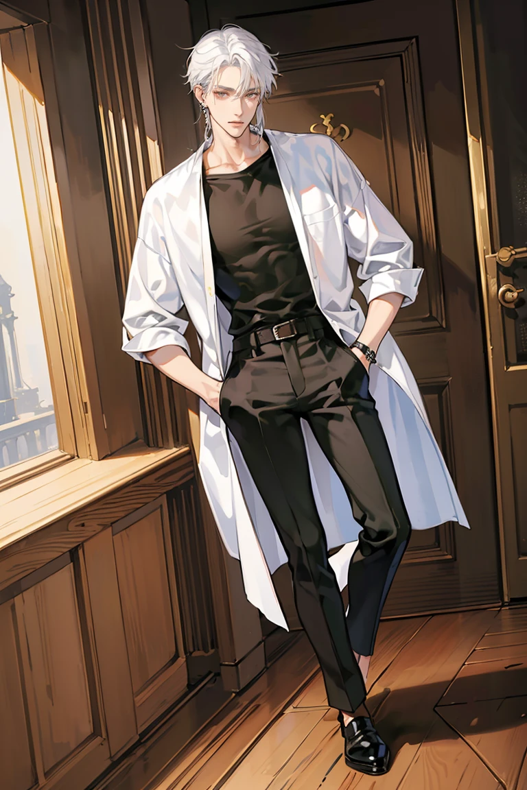 (masterpiece), best quality, seductive eyes, perfect face, handsome man, brown eyes, long tied white hair, long nose, tan skin, plain black t-shirt, black fitted pants, extremely tall man, long legs, long calves, full body, tall man, long legs, anime cover, 1boy, ear piercings, hands in pockets, adult-like look
