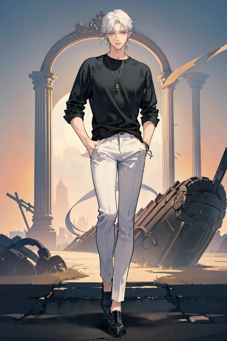 (masterpiece), best quality, seductive eyes, perfect face, handsome man, brown eyes, long tied white hair, long nose, tan skin, plain black t-shirt, black fitted pants, extremely tall man, long legs, long calves, full body, tall man, long legs, anime cover, 1boy, ear piercings, hands in pockets, adult-like look
