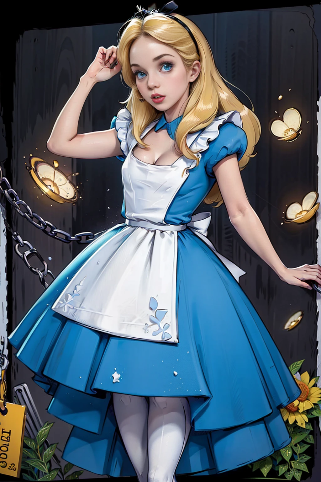 masterpiece, solo,sexy Alice in Wonderland with blonde hair, powder blue dress with white apron, white stockings, cleavage, dynamic, ultra high def, 32k, perfect legs, perfect arms, downblouse, chained up, 